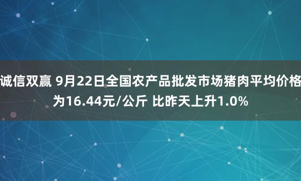 诚信双赢 9月22日全国农产品批发市场猪肉平均价格为16.44元/公斤 比昨天上升1.0%